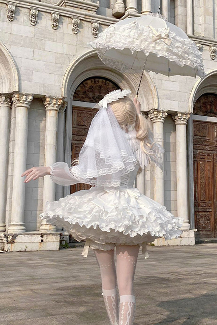 White Flory Butterfly Double-Layered Ruffle Bowknot Lace Lace-Up Sweet Ballet Lolita Jsk Dress