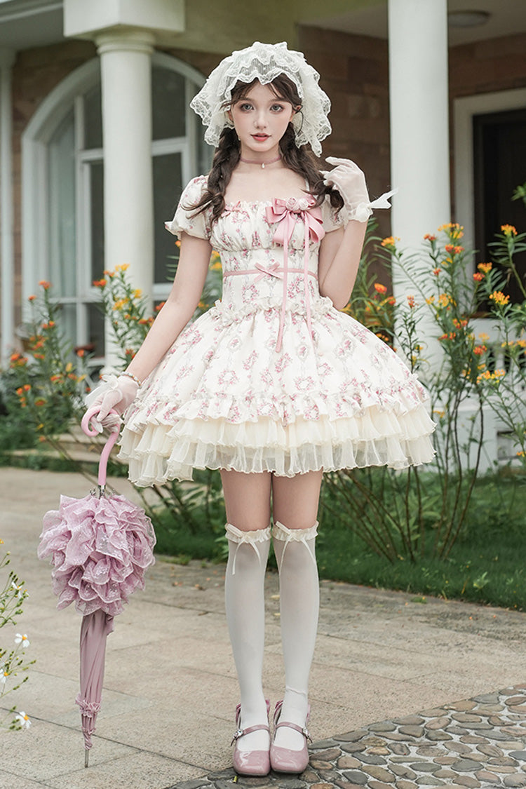 Ivory Rose After The Rain Short Sleeves Triple-Layered Print Ruffle Bowknot Lace-Up Sweet Lolita Short Dress