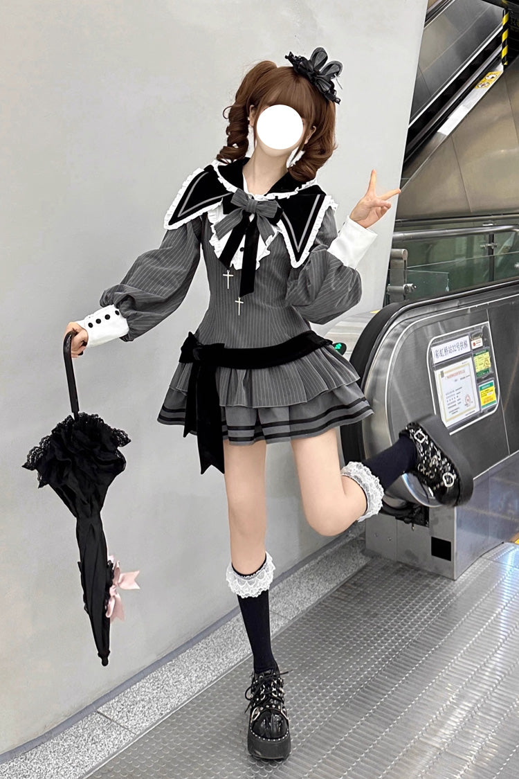 Black Bizarre Rabbit Opera Navy Collar Long Sleeves Print Ruffle Bowknot Gothic Lolita Dress