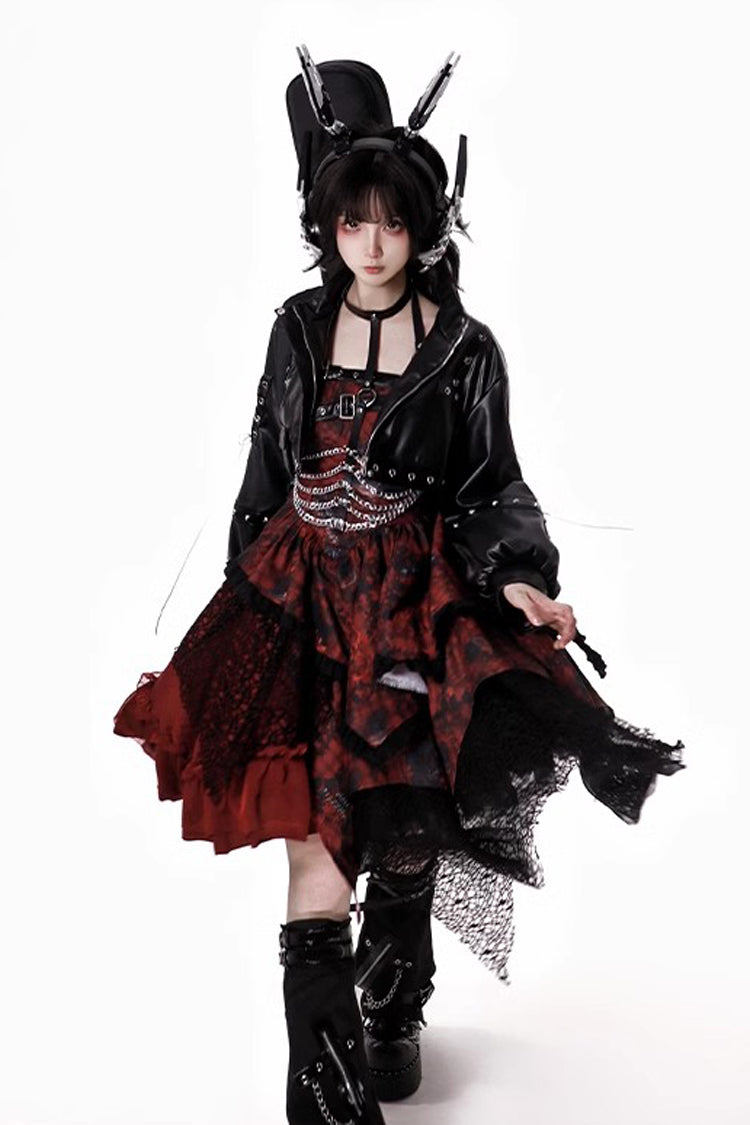 Red Strawberries of Blood and Tears Sleeveless Print Ruffle Bowknot Lace Asymmetric Gothic Lolita Jsk Dress