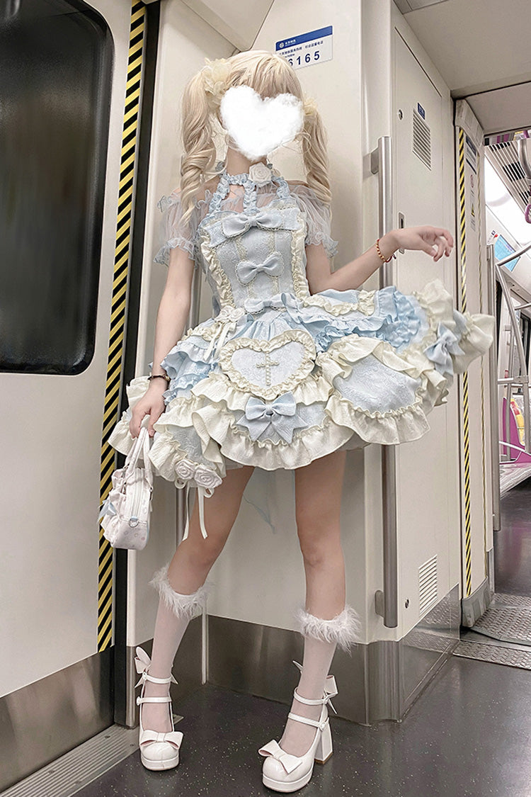 Blue Heart of Butterfly Halterneck Sleeveless Multi-Layered Ruffle Embroidery Princess Ballet Lolita Jsk Dress Set