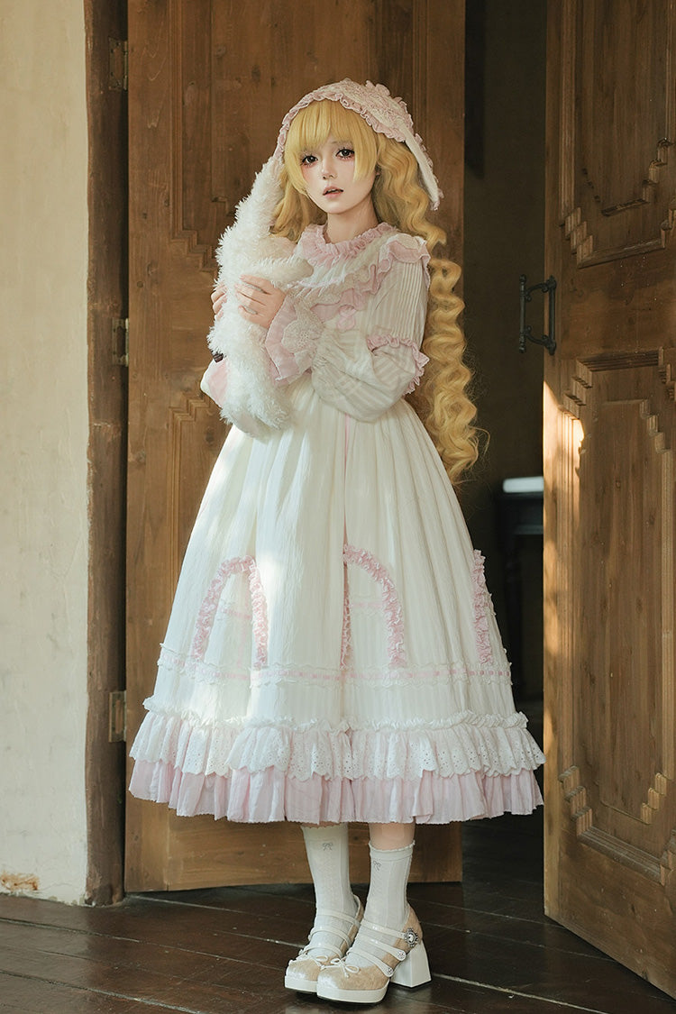 Pink Twin Lilian Round Collar Long Sleeves Double-Layered Ruffled Bow Lace-Up Sweet Lolita Dress
