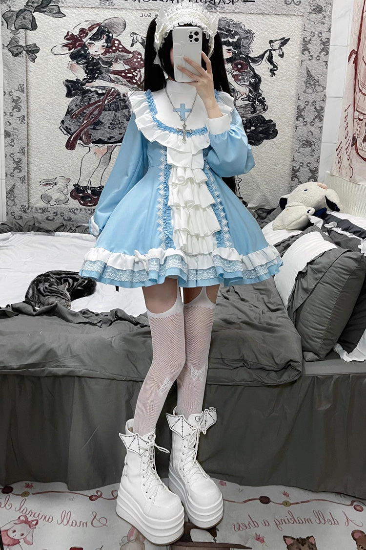 White/Blue Long Sleeves Multi-layer Cross Print Nun Style Ruffle Sweet Lolita Dress