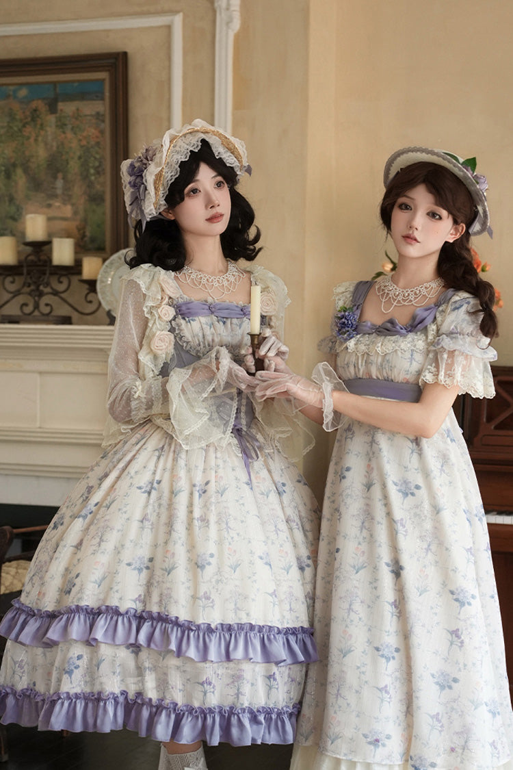 Purple/Ivory Iris Secrets Double-Layered Print Ruffle Bowknot Lace-Up Fake Two Pieces Sweet Lolita Jsk Dress