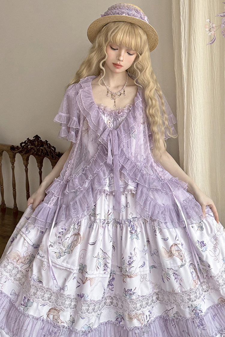 Purple Pea Squirrel Sleeveless Multi-Layered Pastoral Print Ruffle Embroidery Lace Sweet Elegant Lolita Jsk Dress