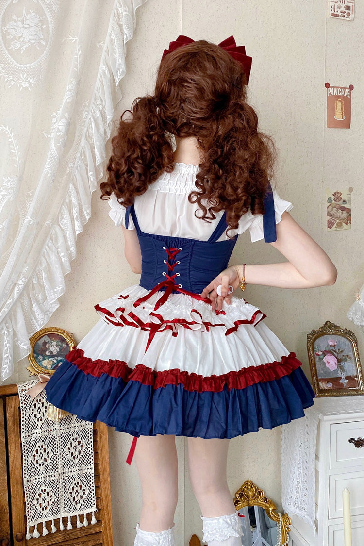 Red/White/Blue Fairy Tale Overture Triple-Layered Ruffle Bowknot Fishbone Sweet Ballet Lolita Dress