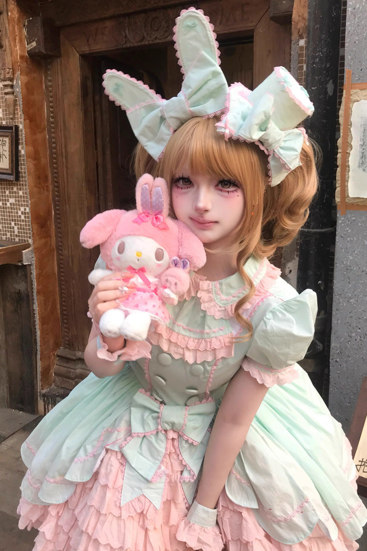 Pink/Green Honeydew Melon Parfait Short Sleeves Multi-Layered Ruffle Bowknot Sweet Lolita Dress