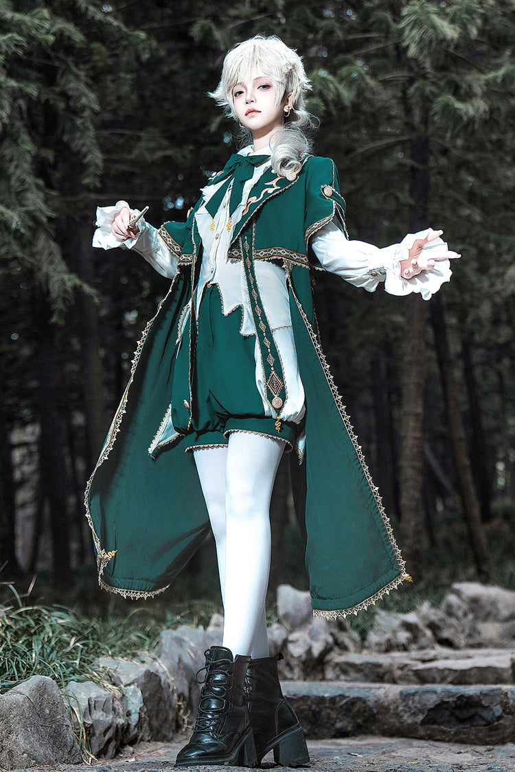 Green Theocratic Messenger Embroidery Classic Military Gorgeous Handsome Ouji Lolita Coat Blouse Shorts Set
