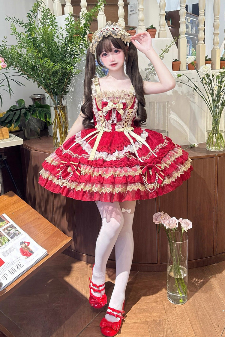 Red Gilded Memories Sleeveless Double-Layered Ruffle Hot Stamping Bowknot Lace Sweet Lolita Jsk Dress