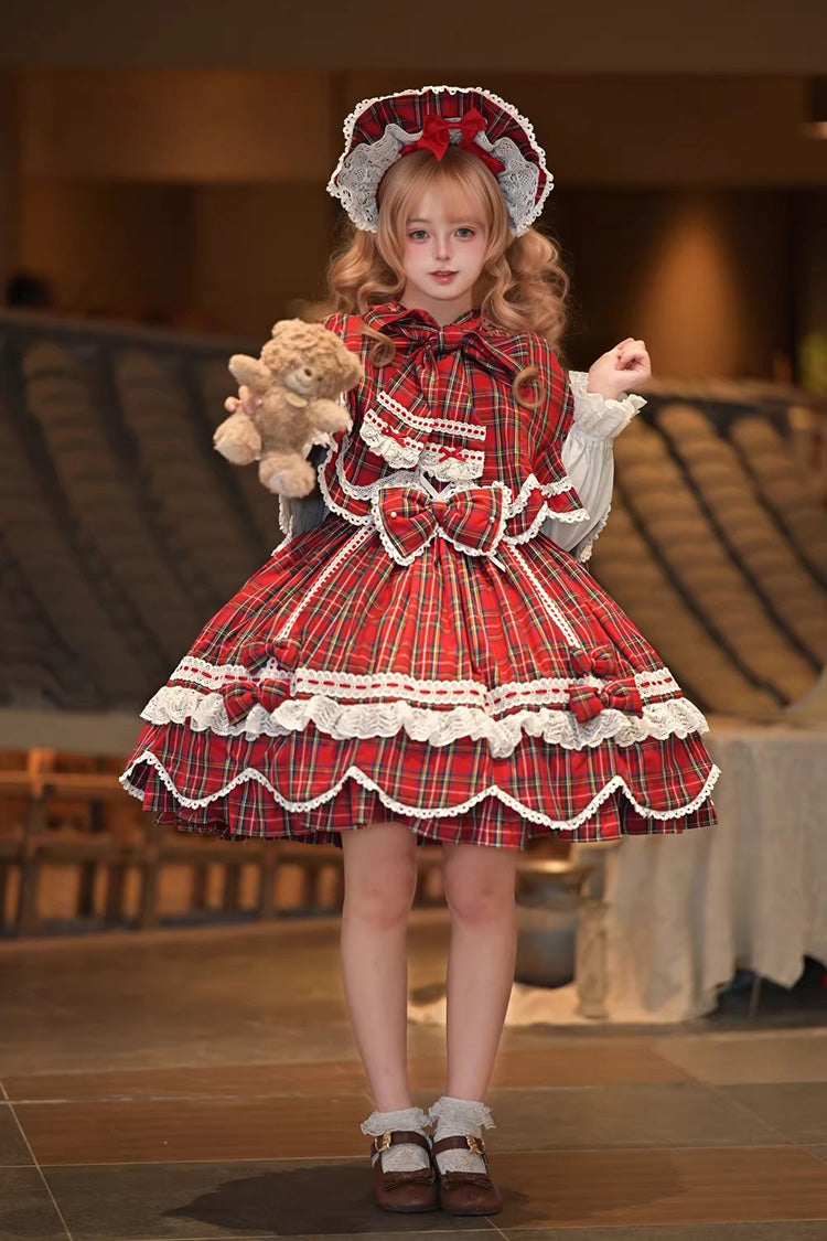Red Gingham Petal Bunny Short Sleeves Printed Ruffled Bow Sweet Lolita OP Dress
