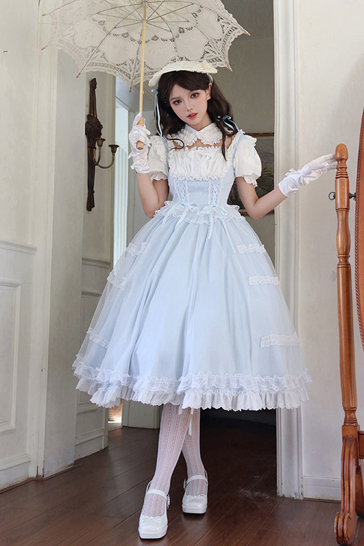 Light Blue Confession Poem Square Collar Short Sleeves Ruffle Sweet Elegant Lolita Dress Set