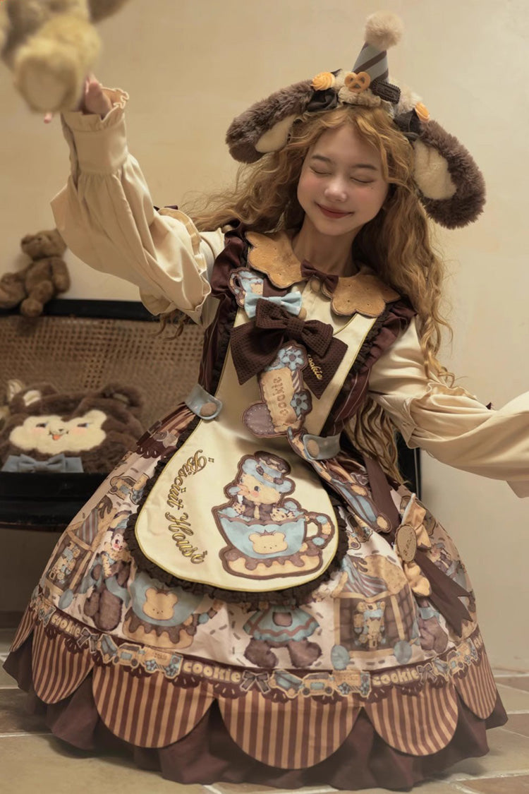 Bear Cookies Print Long Sleeves Ruffle Bowknot Sweet Lolita OP Dress 2 Colors