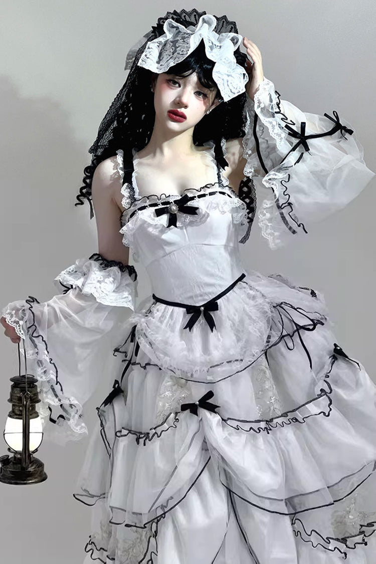 White Cascade Poem Sleeveless Multi-Layered Ruffle Hanayome Bowknot Lace Gothic Plus Size Gorgeous Lolita Jsk Long Dress