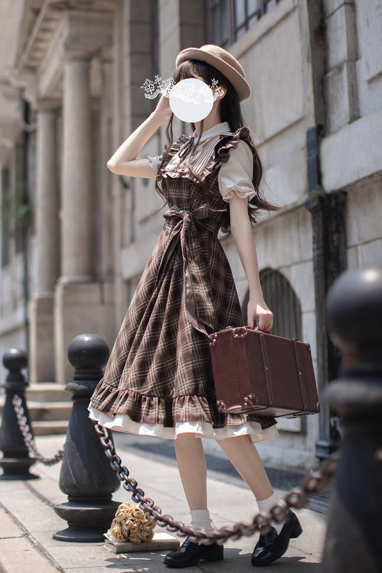 Brown The Thames at Dusk Print Short Sleeves Ruffle Bowknot Fake Two Pieces Vintage Lolita Dress