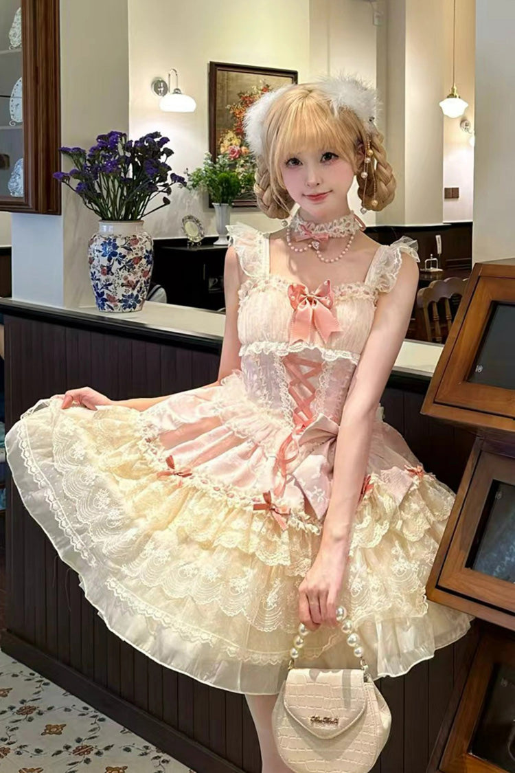 Pink Rose Canticle Sleeveless Multi-Layered Bowknot Lace Lace-Up Pearl Ballet Sweet Lolita Jsk Dress