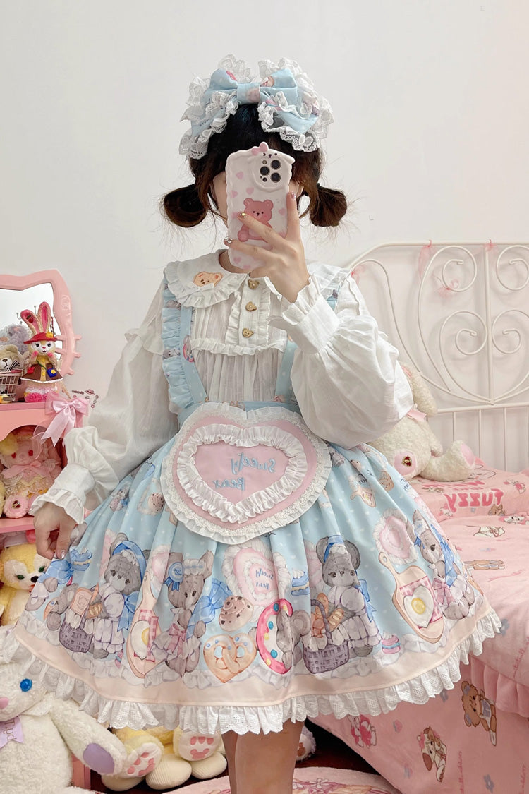 Blue Baked Bear Print Ruffle Sweet Lolita Skirt