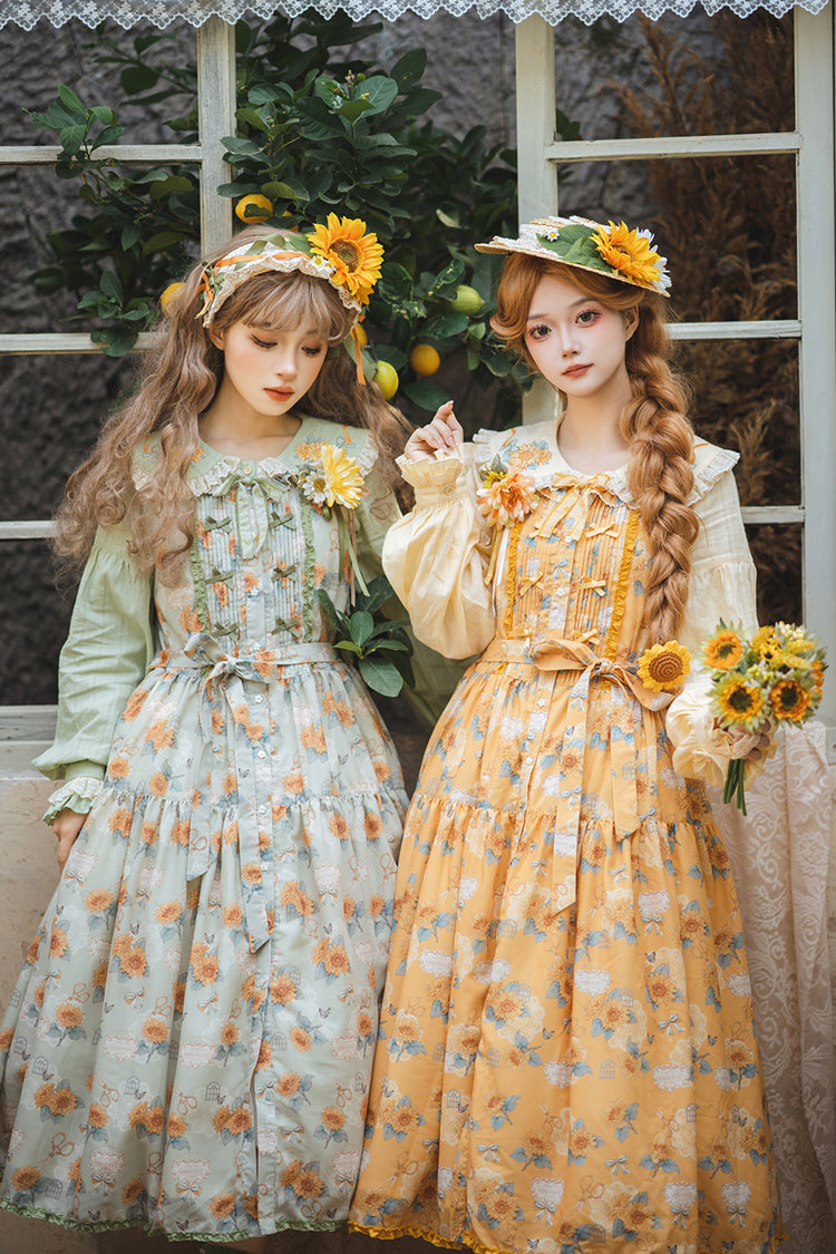 Yellow Gardening Sunflower Sleeveless Print Ruffle Bowknot Sweet Elegant Lolita Jsk Dress