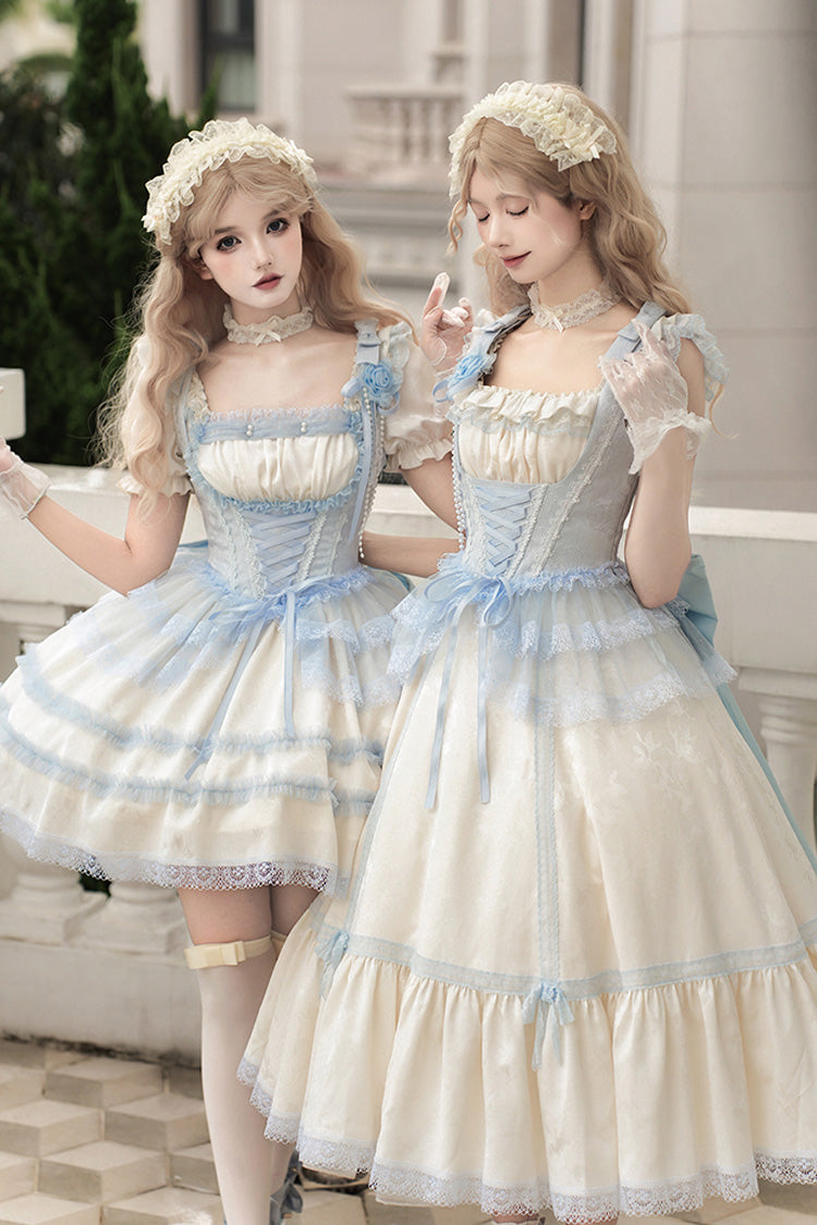 Ivory Sea Salt Iced Tea Square Collar Short Sleeves Ruffle Fishbone Sweet Lolita Short Dress