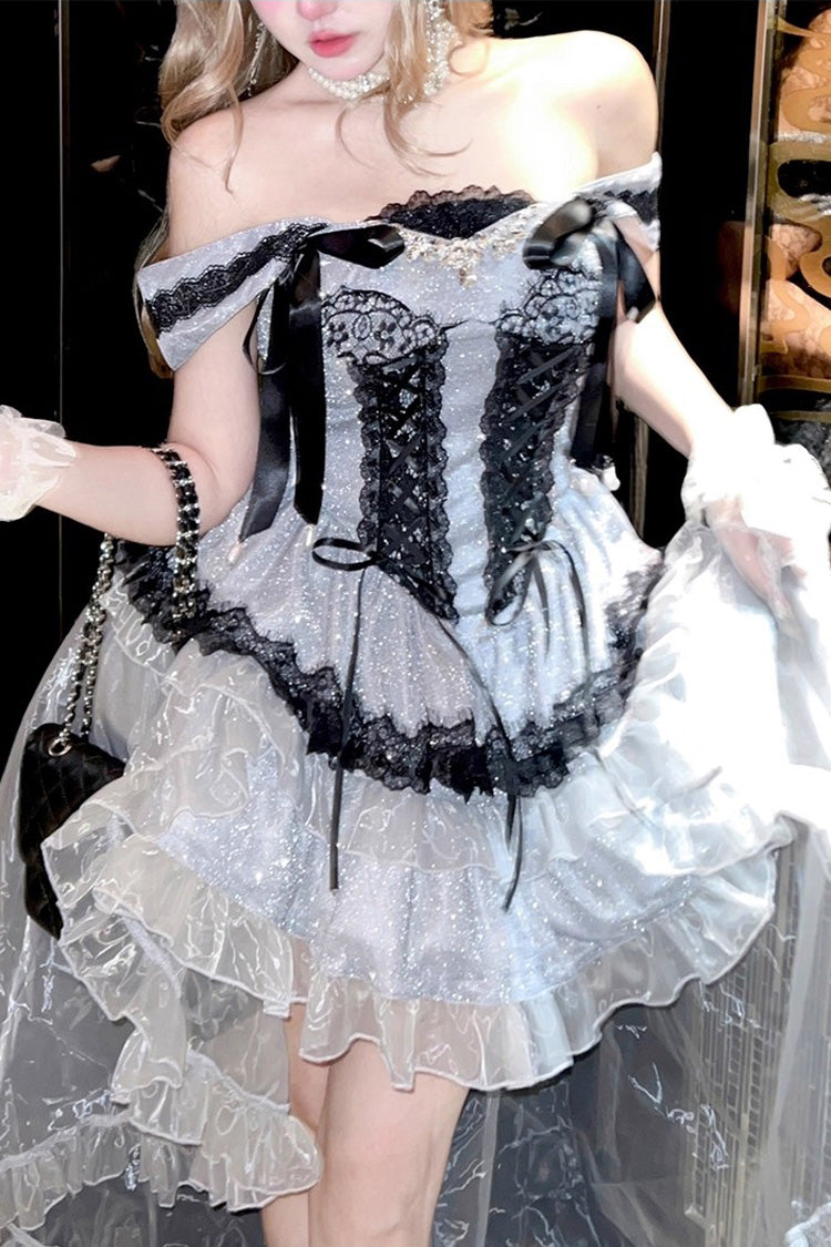 Black/Grey Love Poem Boat Neck Sleeveless Multi-Layered Ruffle Bowknot Princess Classic Lolita Top  Skirt-Pants Set