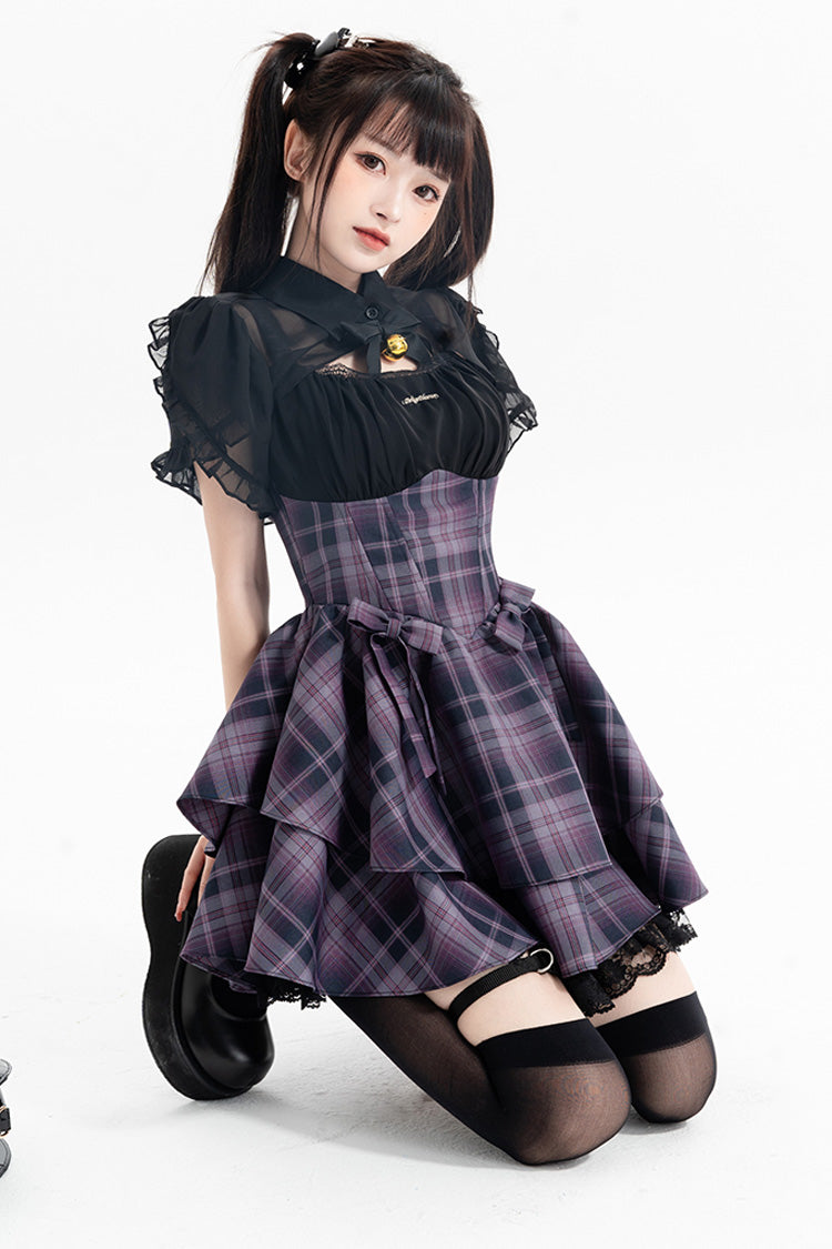 Purple Magic Cat Double-Layered Stripe Print Bowknot Sweet Lolita Jumper Dress