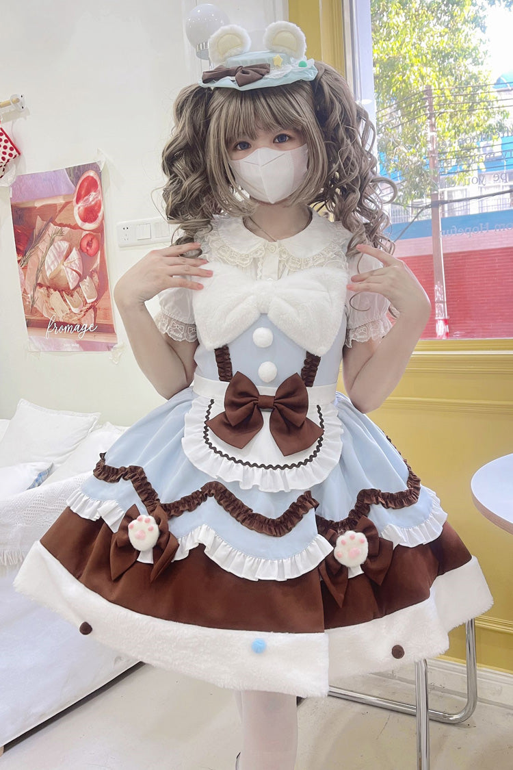 Blue/Brown Cream Snow Cat Winter Ruffle Bowknot Sweet Lolita Jsk Dress
