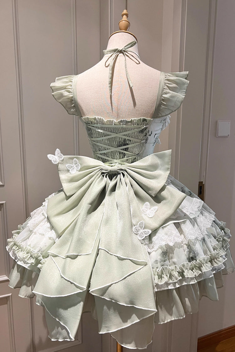 Green Promise of the Blooming Season Print Ruffle Bowknot Lace Sweet Princess Lolita Jsk Dress
