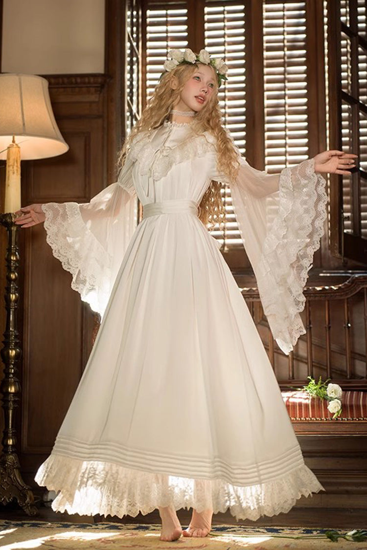 White Long Trumpet Sleeves Ruffle Lace Sweet Elegant Princess Lolita Dress