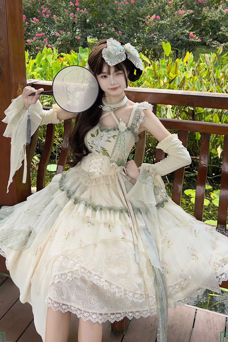 Apricot Print Ruffle Embroidery Bowknot Lace Sweet Chinese Style Lolita Jsk Dress Full Set
