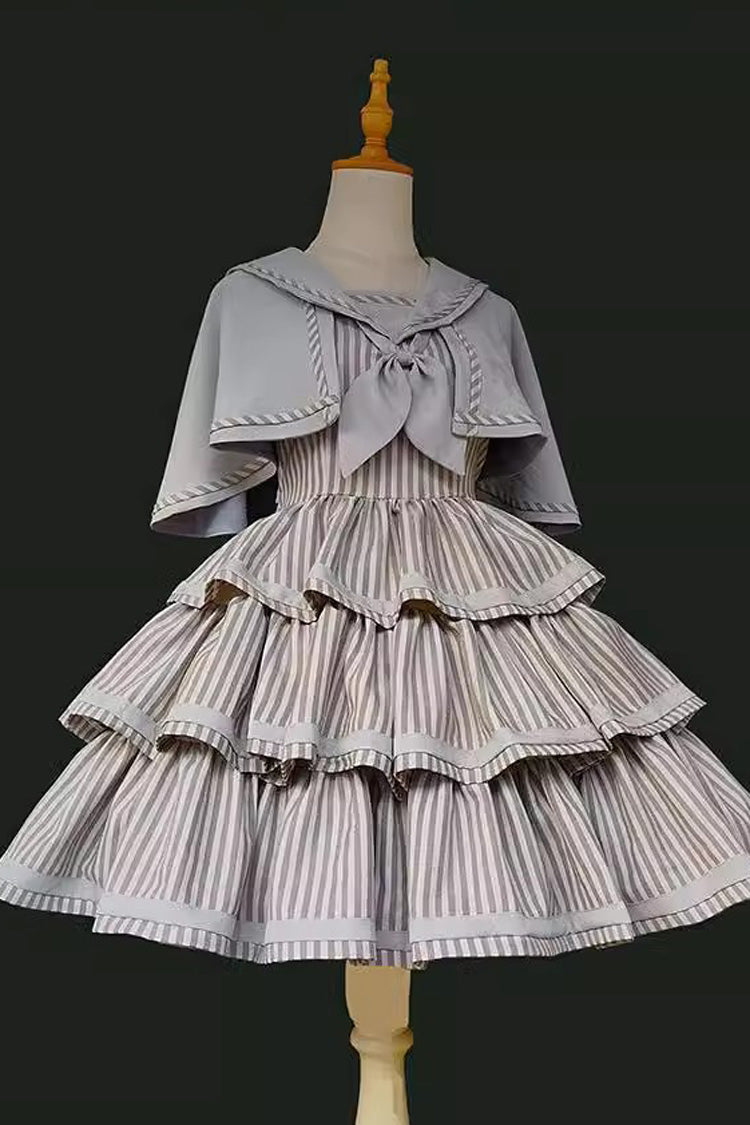 From the Other Side Sleeveless Triple-Layered Vertical Stripes Print Print Ruffle Bowknot Sweet College Style Lolita Jsk Dress