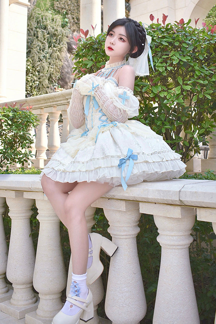 Blue/Ivory Tube Top Sleeveless Ruffle Bowknot Gothic Lolita Jsk Tiered Dress