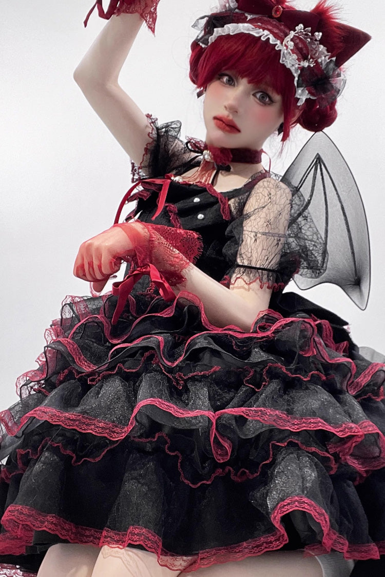 Black/Red Short Sleeves Multi-Layered Ruffle Hanayome Bowknot Lace Plus Size Sweet Lolita Dress (Short Version)