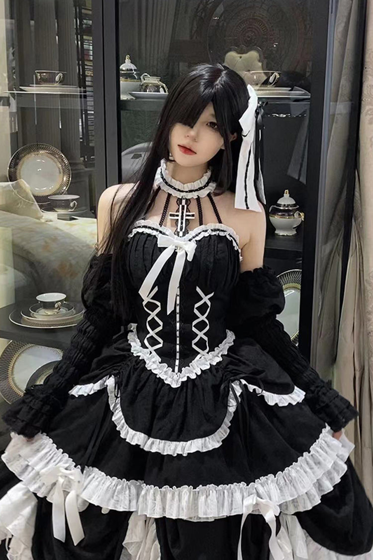 Black Cross Halterneck Ruffle Bowknot Lace Lace-Up Princess Gothic Lolita Dress