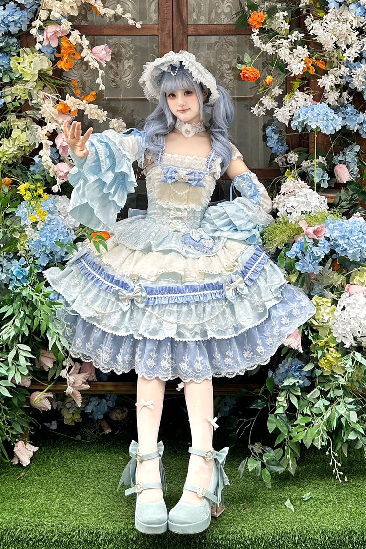 Blue Falling Sakura Multi-Layered Ruffled Hanayome Bow Lace Sweet Plus Size Princess Lolita Jsk Dress