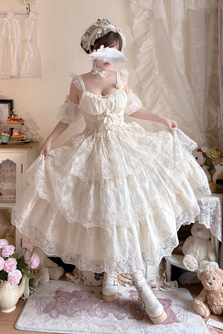 Ivory Tidal Triple-Layered Ruffle Bowknot Sweet Lolita Skirt 2 Versions
