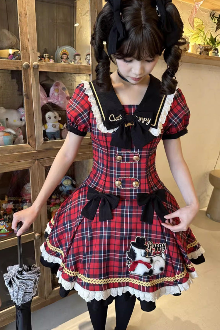 Red Dalmatian Short Sleeves Print Ruffle Bowknot Slim Sweet Lolita Dress