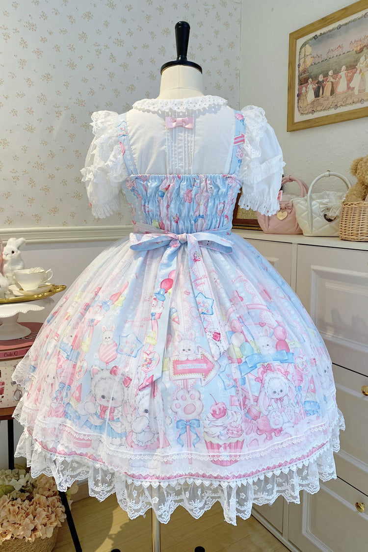 Blue Cute Rabbit Sweet Cake Print Ruffle Bowknot Lace Sweet Lolita Jsk Dress