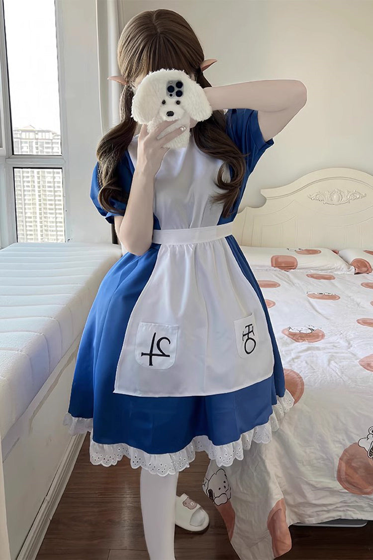 Blue/White Alice Madness Returns Short Sleeves Ruffle Sweet Plus Size Lolita Dress Full Set