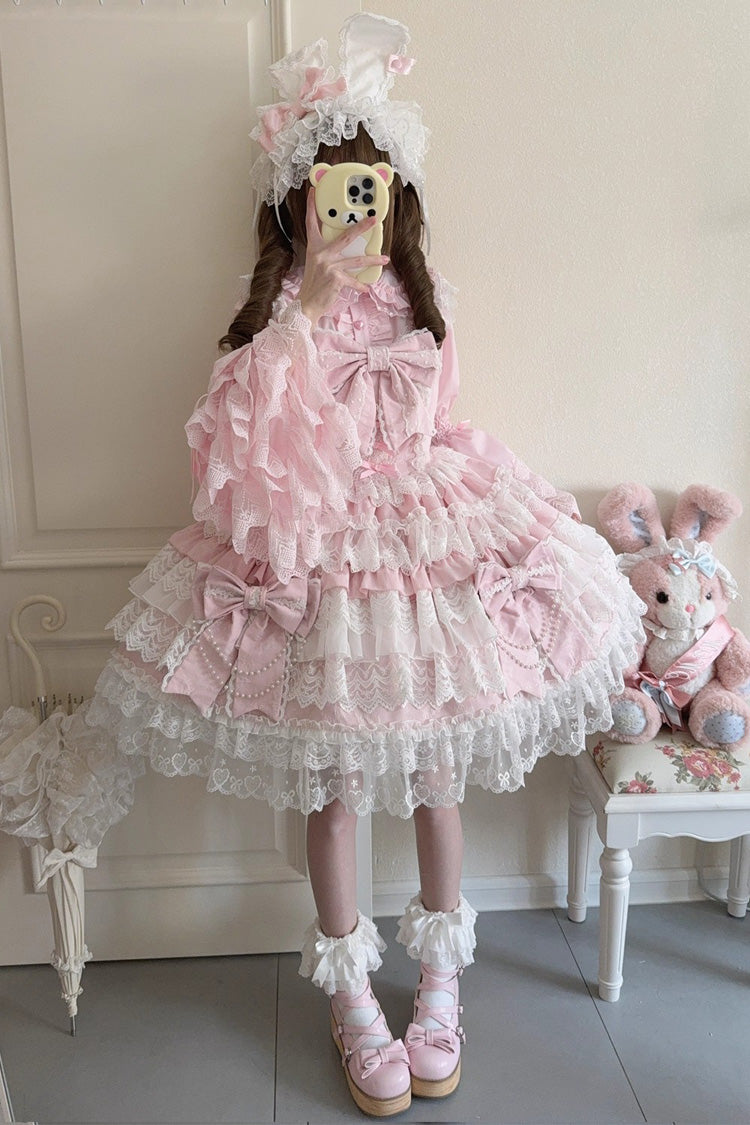 Pink Knot of the Crossed Heart Sleeveless Multi-Layered Ruffle Hanayome Cardigan Bowknot Lace Lace-Up Sweet Lolita Jsk Dress