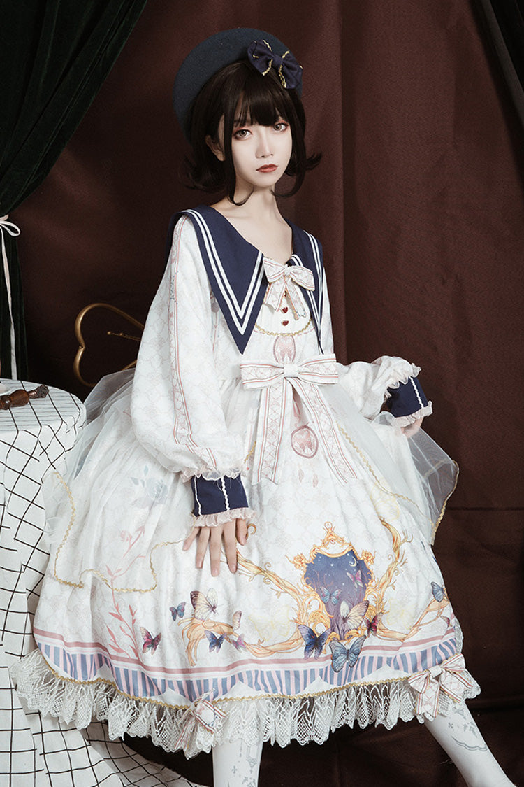 White Navy Collar Long Sleeves Butterfly Print Ruffle Bowknot Sweet Elegant Princess Lolita Dress