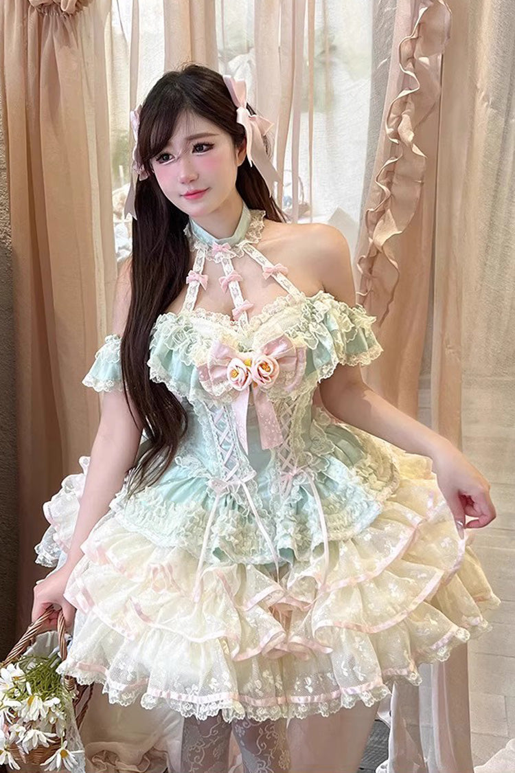 Green Flower Language of Eros Halterneck Multi-Layered Ruffle Bowknot Rose Lace Lace-Up Sweet Ballet Lolita Jsk Dress