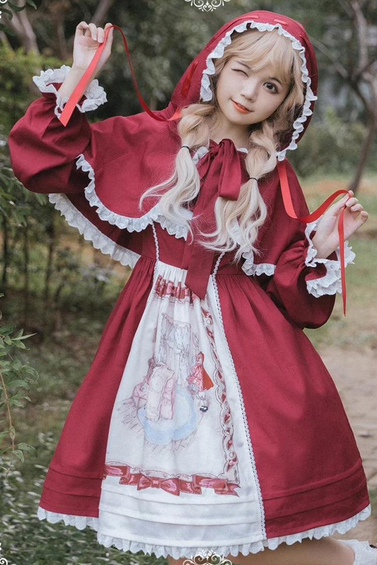 Red Little Red Riding Hood Sleeveless Print Ruffle Bowknot Sweet Princess Lolita Jsk Dress