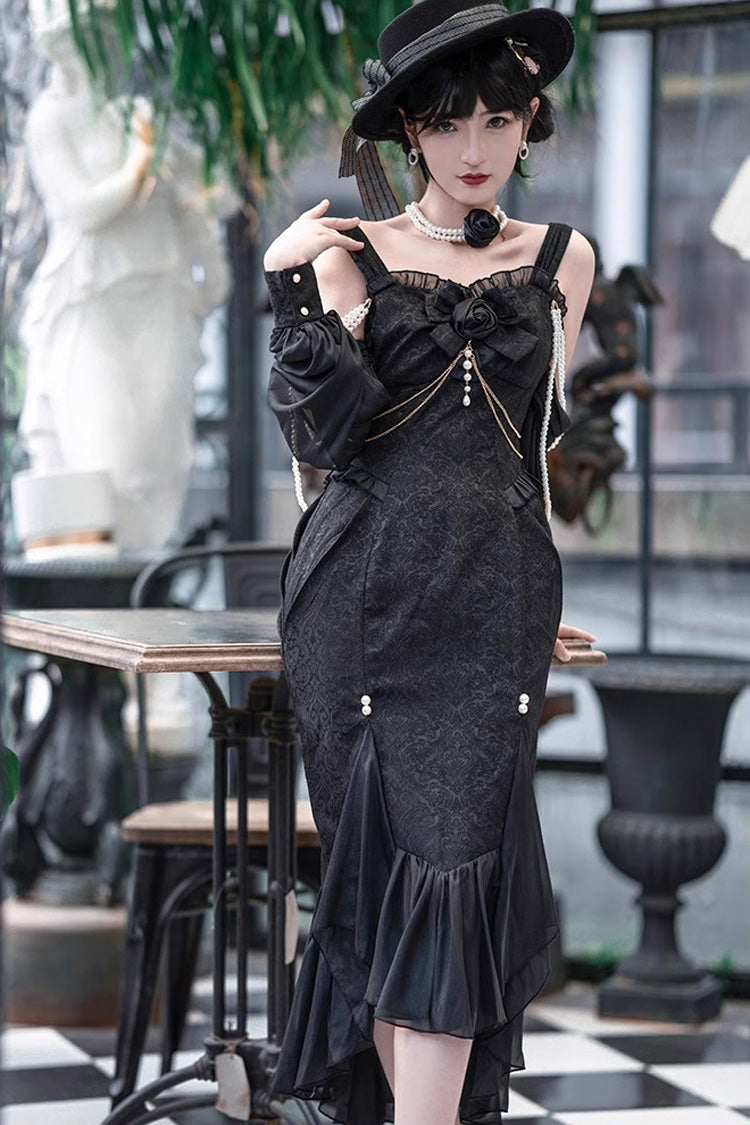 Black Camellia 1.0 Sleeveless Jacquard Ruffle Lace Gothic Chinese Style Lolita Jsk Fishtail Dress
