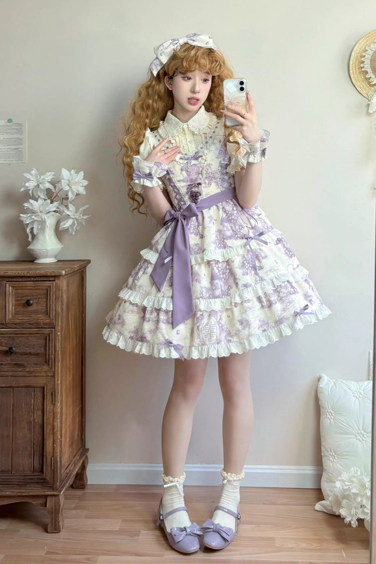 Purple Grape Moon Almanac Sleeveless Multi-Layered Printed Ruffled Bow Adjustable-Length Sweet Lolita Jsk Dress