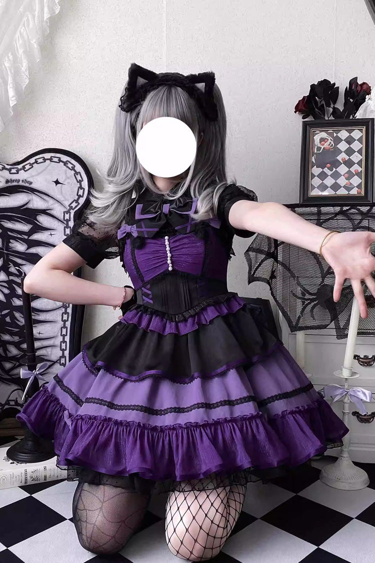 Black/Purple Cotton Cloud Lapel Collar Ruffle Bowknot Lace-Up Gothic Lolita Jsk Dress