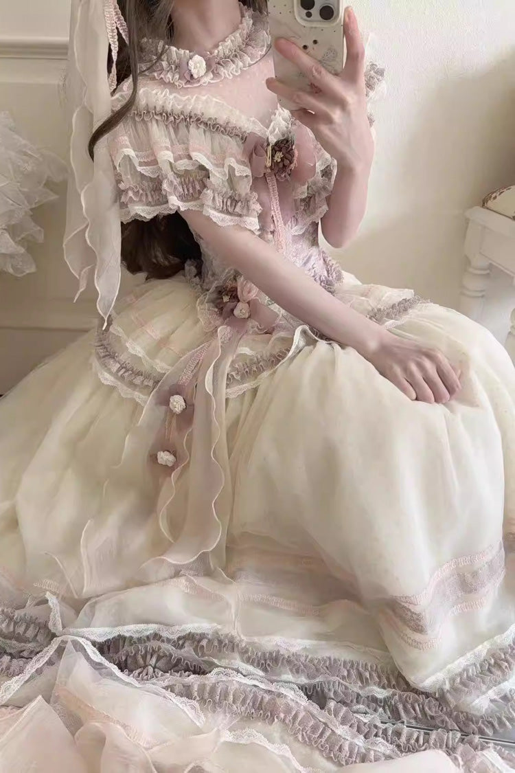 Purple Wisteria Poem Sleeveless Ruffled Cut-Out Embroidered Bow Lace Sweet Lolita Two-piece Skirt Set