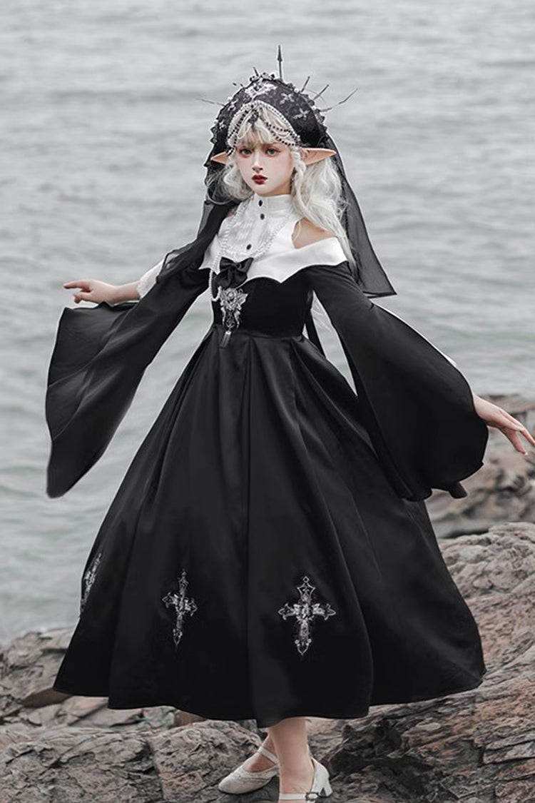 Black Cross Nun Stand Collar Off Shoulder Print Bowknot Gothic Elegant Lolita Dress