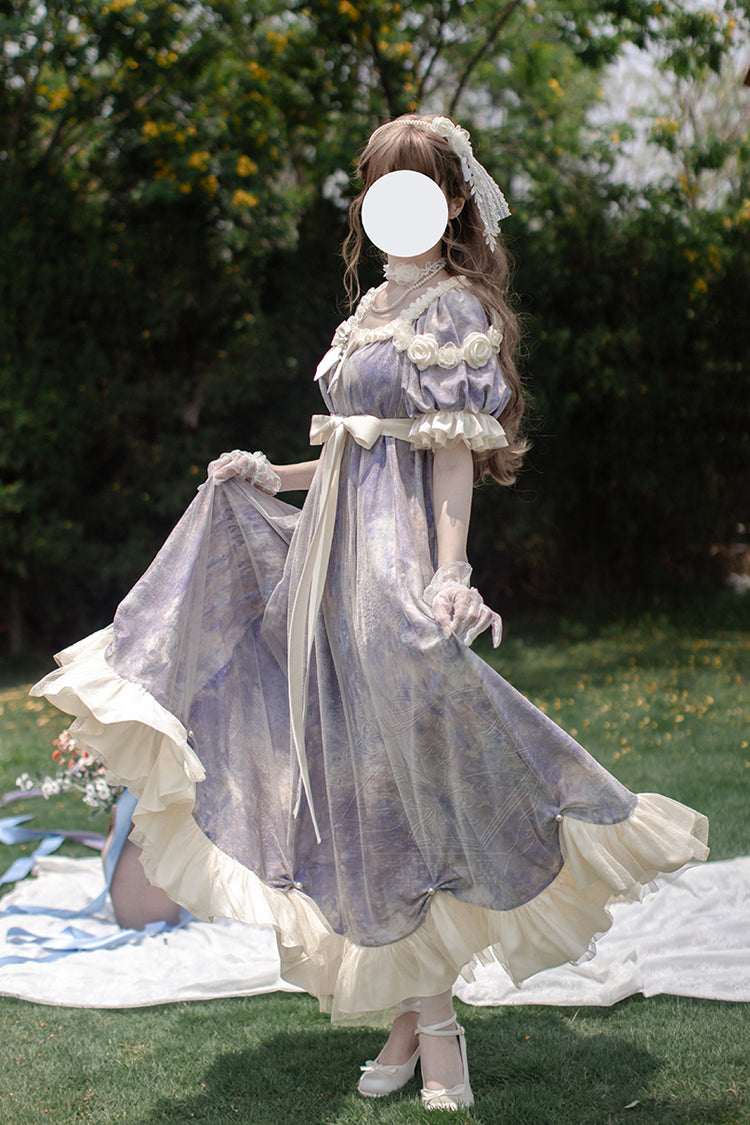 Purple Oil Painting Sun and Moon Poem Short Sleeves Print Ruffle Bowknot Sweet Princess Lolita Dress