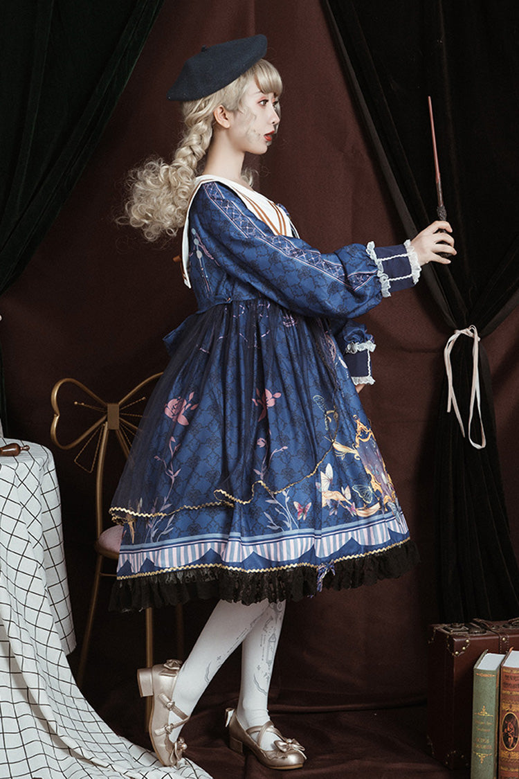 Blue Navy Collar Long Sleeves Butterfly Print Ruffle Bowknot Sweet Elegant Princess Lolita Dress