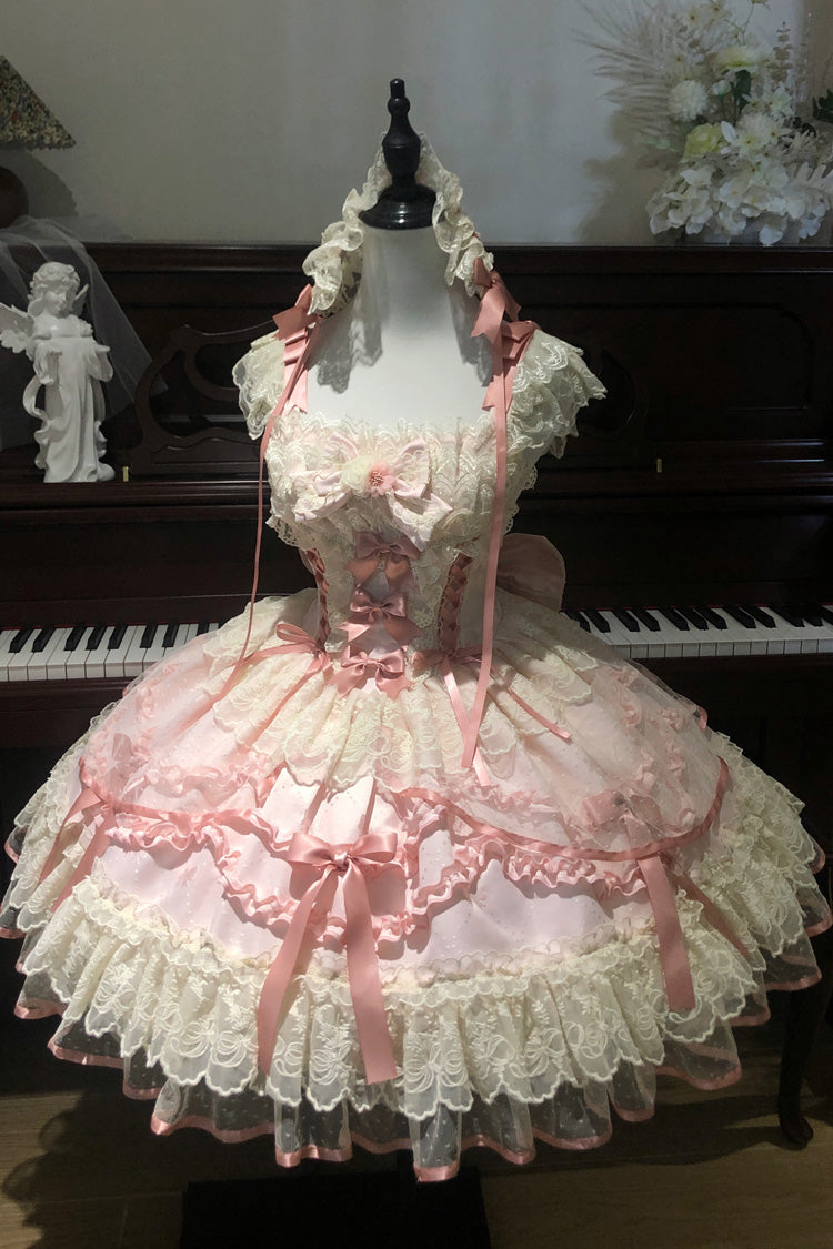 Pink Dreaming Butterfly Multi-Layered Jacquard Ruffle Bowknot Lace Sweet Princess Lolita Jsk Dress