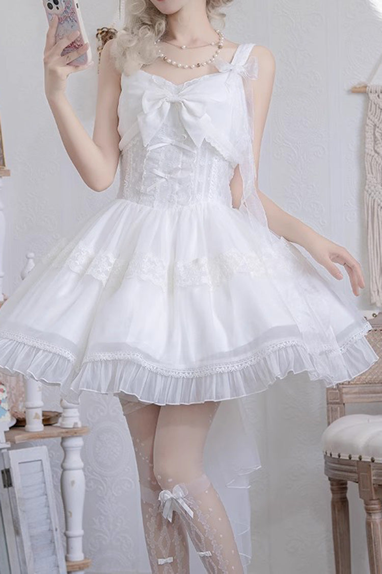 White Bright Moonlight Sleeveless Ruffle Bowknot Lace Lace-Up Sweet Elegant Lolita Jsk Dress